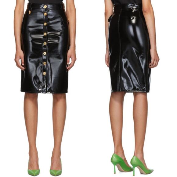 Versace Vinyl Midi Skirt Medusa Head Gold‎ Buttons Black IT 40 US 4 - Picture 1 of 15